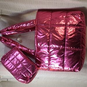 Metallic Shiny Bright Pink Puffer Tote Bag & Matching Accessory Bag, Bundle Nwt